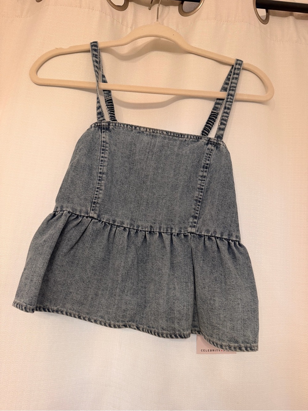 Celebrity Pink Light Blue Denim Ruffle Tank Top